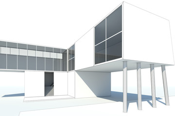 3d rendering modern white building with blueprints
