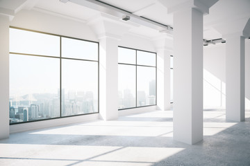 Empty white loft interior with big windows, 3d render