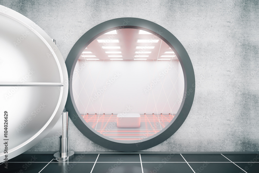 Poster open the door of an empty bank safe, 3d render