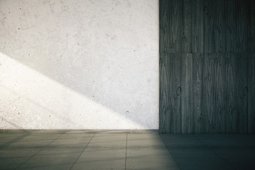 Blank concrete and wooden walls with sunlight, mock up, 3d rende