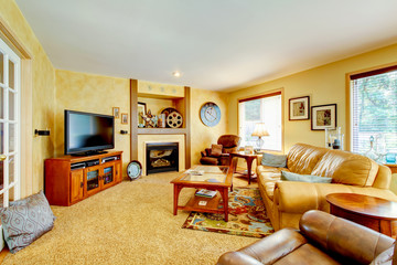 Living room interior with yellow walls, carpet, with fireplace,
