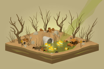 Toxic waste dump. 3D lowpoly isometric vector concept illustration