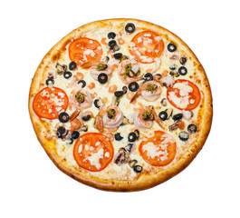 traditional Italian food: pizza with seafood isolated on white background