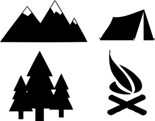 Векторное изображение. изображающее иконки которые связаны с путишествием, лагерем