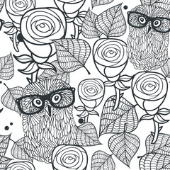 Seamless black and white pattern with flowers and birds.