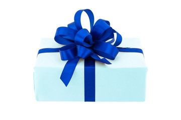 Gift box wrap in blue paper and blue bow