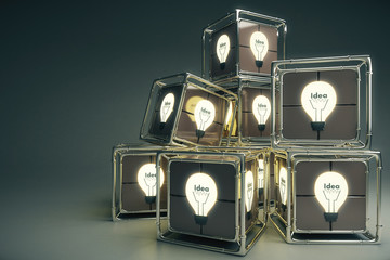 Idea concept with many boxes and glowing light bulbs inside, 3D