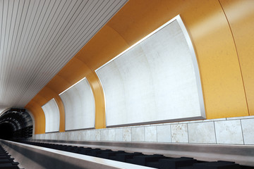 Obraz premium Blank billboards on orange wall in subway, mock up, 3D render