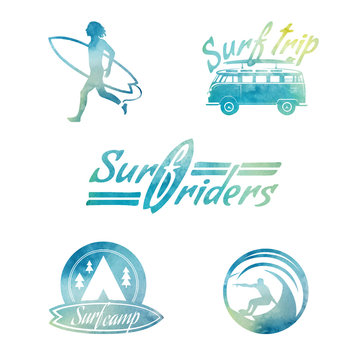 Vector Watercolor Retro Style Surfing Labels.