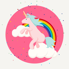 Cute happy unicorn and rainbow clouds t shirt design. Pink horse for children clothes and print fabric accessories.