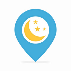 Vector logo combination of a map pointer and moon