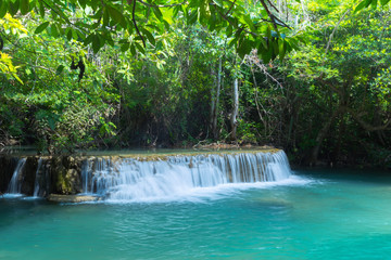 Green nature landscape with turquois waterfall