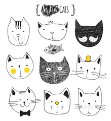 Set of cute doodle cats . Sketch cat . Cat Sketch . Cat handmade . Print T-shirts for the cat . Print for clothes . Kids Doodle animals . Stylish muzzle cats . Isolated cat. Pet