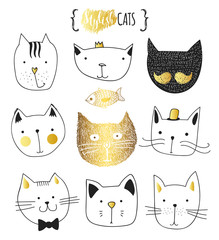 Cats, set of cute doodle. Sketch character handmade to Print T-shirts. Kids animals. Funny stylish muzzle isolated Pets