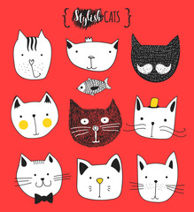 Set of cute doodle cats . Sketch cat . Cat Sketch . Cat handmade . Print T-shirts for the cat . Print for clothes . Kids Doodle animals . Stylish muzzle cats . Isolated cat. Pet