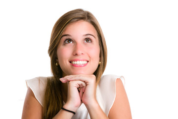 Fototapeta premium Pensive hispanic young woman thinking of the options. Image isol