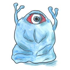 Blue Monster with one red eye cartoon watercolor isolated