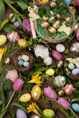 Assorted eggs and flowers for Easter