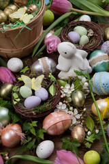 Assorted eggs and flowers for Easter