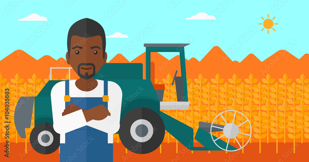 Poster man standing with combine on background.