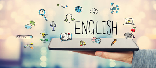 English concept with man holding a tablet