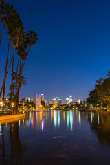 Long exposure view of Los Angeles downtown and its buildings at night from Echo Park
