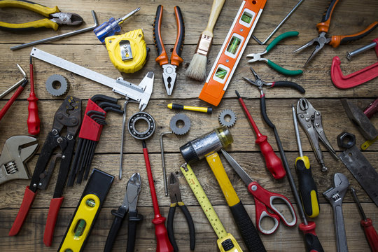 Old tools on a wooden table