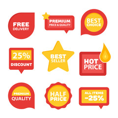 Collection of Premium Quality, Guarantee Labels, Best Seller and Winner badges on modern styled design. Vector logo concept for web graphics. 