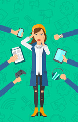 Desperate woman with gadgets.