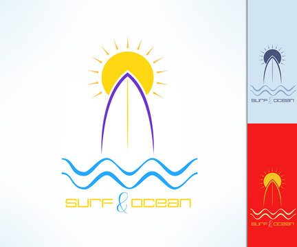 Set of vector surfing emblems with uneven line width. Surf, ocean and sun tshirt print. Surfboard design element