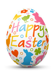 Happy Easter - 3D Vektor Osterei mit fröhlichen Ostersymbolen. Farbig und bunte Zeichen und Symbole. Ostern, bemaltes Ei.
Colored 3D Vector Easter Egg with Holiday Season Symbols.