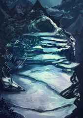 Watercolor cartoon illustration of a dark scary cave entrance path through the rocky mountain landscape with animal bone and corpse fictional horror scene