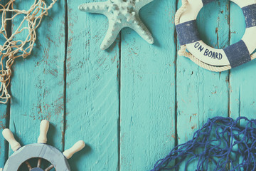 top view nautical concept with nautical life style objects. vintage filtered and toned   © tomertu