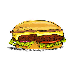 Hand drawn hamburger isolated on white background. 