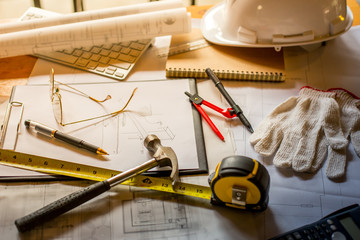 Blueprints, Hardhat, Glasses, Stickers, Construction level, Pen
