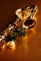 Still Life with a martini,  saxophone and white rose, jazz greeting card concept