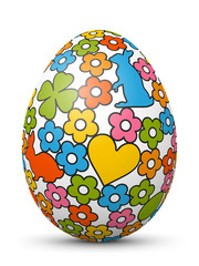 Obraz premium 3D Vektor Osterei mit fröhlichen Ostersymbolen im Cartoon Style. Farbig und bunte Zeichen und Symbole im Comic Stil. Ostern, bemaltes Ei.