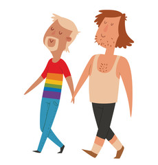 Vector cartoon image of homosexual couple - two men: with blonde hair in rainbow sweater, blue jeans and with brown hair in black shorts, white tank top on a white background. Gays. 