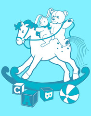 Boy's rocking horse with rabbit and teddy bear