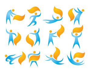 People 12 vector icons set. Human character concept illustrations. Humans vector signs. Human icons collection. Humans and abstract objects manipulation. Abstract human figures in motion.