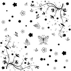 Naklejka premium Black and white pattern with flower and butterflies .