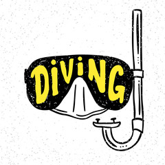 Diving mask lettering. Vector underwater diving scuba mask hand drawn vintage illustration