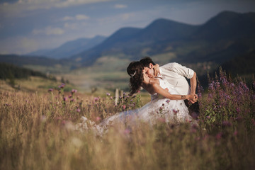 Romantic fairytale couple newlyweds kissing and embracing on a background of mountains 