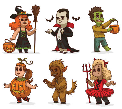 Vector cartoon image of seven children in variety of Halloween costumes: witch, Dracula, zombie, pumpkin, devil and werewolf on a white background. Holiday, Halloween. Vector illustration.