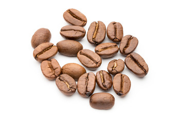 Coffee beans isolated on white background, closeup, macro
