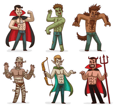 Vector cartoon image of a set of various handsome men in Halloween costumes: Dracula, zombie, werewolf, mummy, Elf and devil on a white background. Holiday, Halloween. Vector illustration.