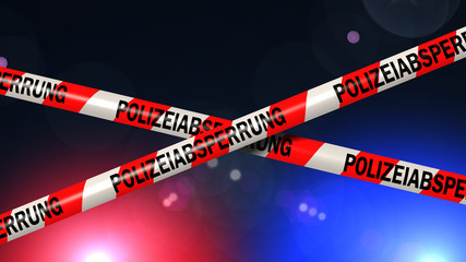 german Police line tape with red and blue lights in background