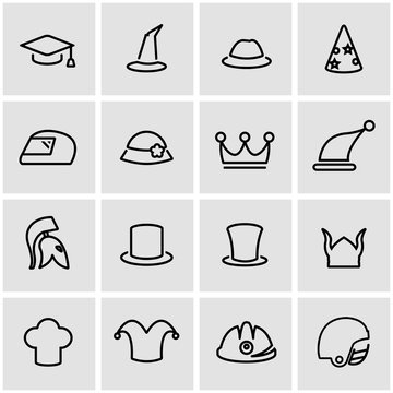 Vector line helmet and hat icon set. Helmet and Hat Icon Object, Helmet and Hat Icon Picture, Helmet and Hat Icon Image - stock vector