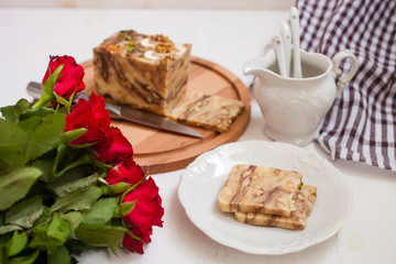 creamy fondant with a shredded nut on a plate, selective focus