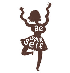 Vector motivational card with cartoon image of a black silhouette of dancing woman with white lettering 